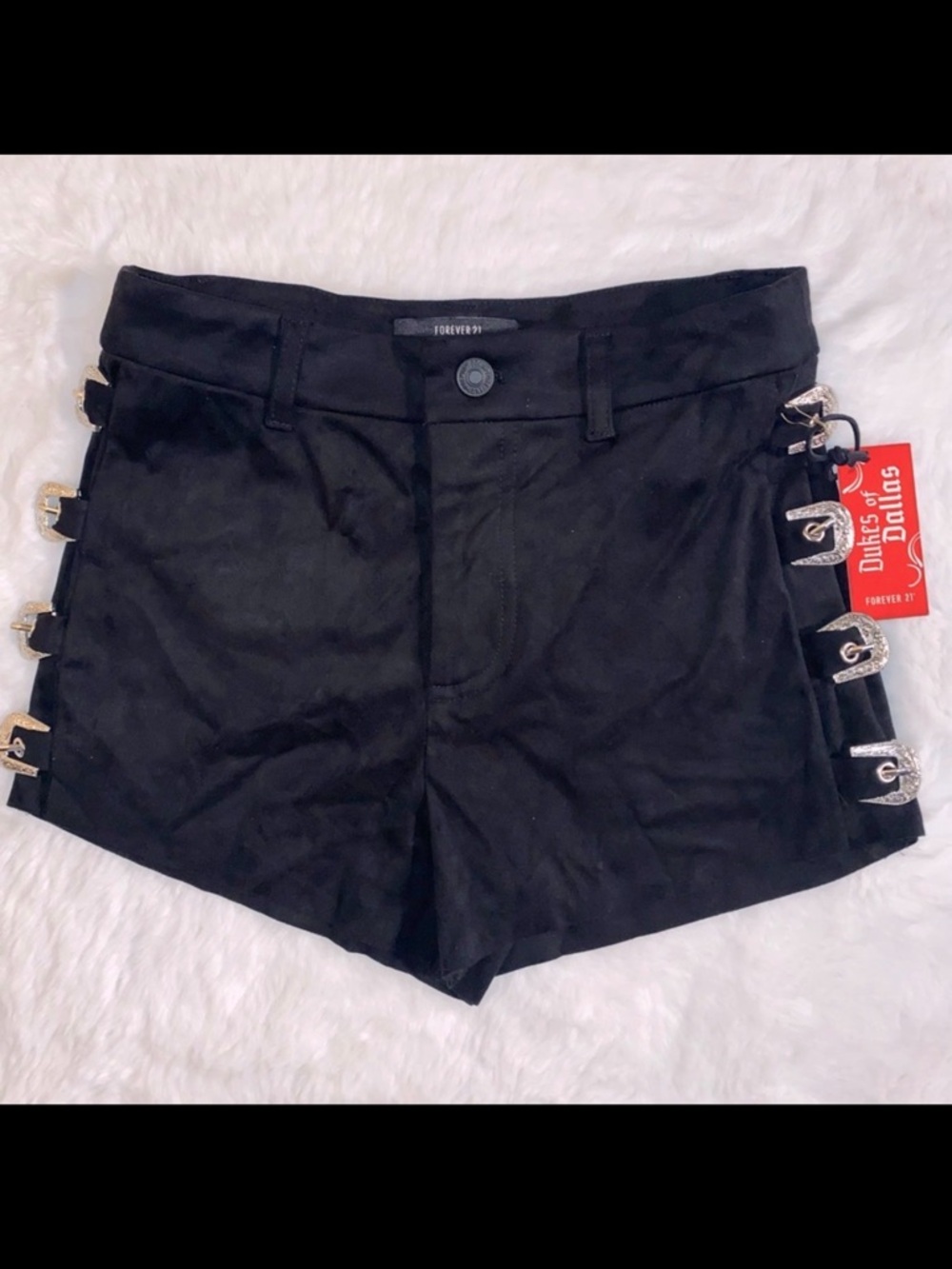 NWT Forever 21 x Dukes of Dallas Women’s XS Black Faux Suede Side Buckle Shorts